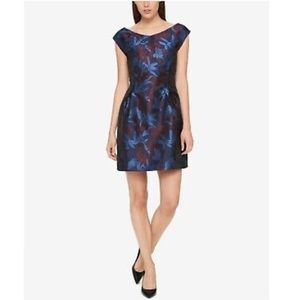 Tommy Hilfiger Womens Capped Sleeve Floral Print Satin A Line Dress Blue